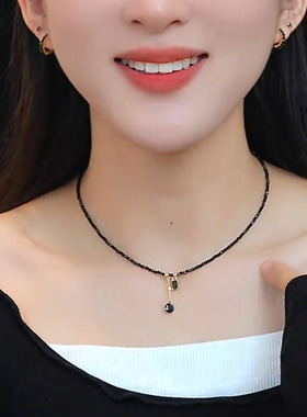 复古黑色串珠流苏项链女锁骨链