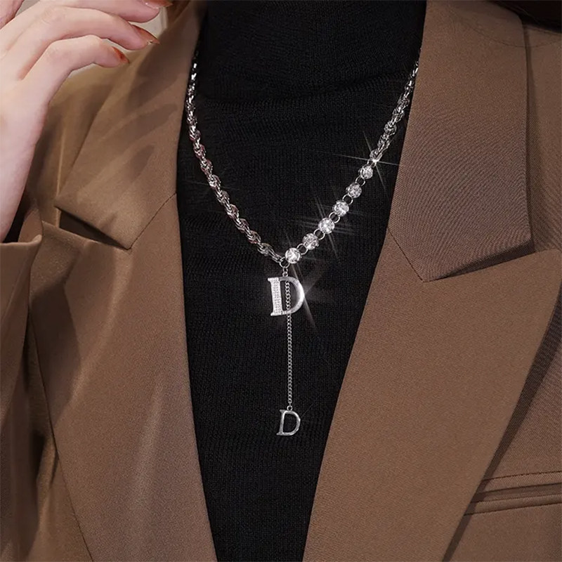 网红D字母流苏项链女毛衣链秋冬