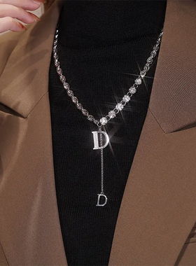 网红D字母流苏项链女毛衣链秋冬