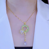 时尚 复古花开富贵绿色平安扣项链夏季 网红新款 气质高级感锁骨链女