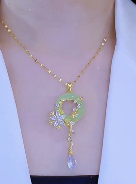 复古花开富贵绿色平安扣项链女夏