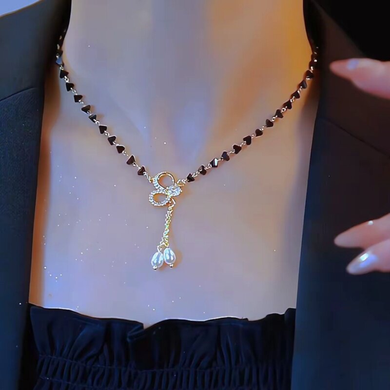 小众设计感黑色水晶流苏项链女