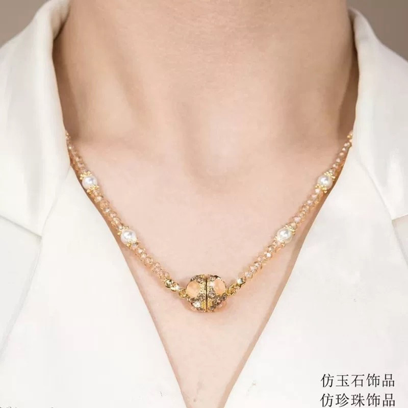 水晶颈链镶钻猫眼石圆球磁吸项链