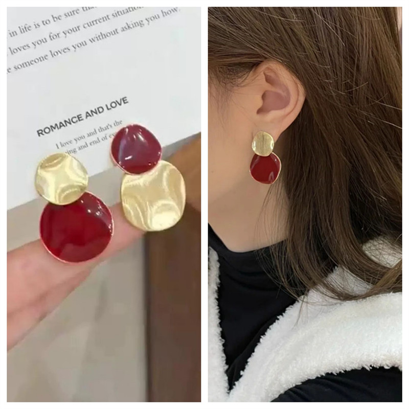 法式复古安可拉红色不对称耳环女