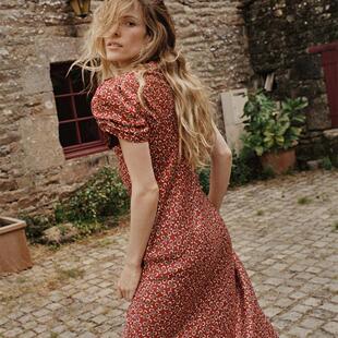 DOEN 美国代购 THEODORA 法式碎花印花长裙 泡泡袖圆领法式连衣裙