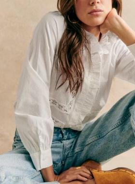 官网购现货 sezane ULYSSE镂空刺绣长袖条纹衬衫荷叶边有机棉上衣