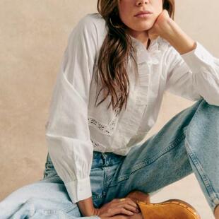 官网购现货 sezane ULYSSE镂空刺绣长袖条纹衬衫荷叶边有机棉上衣