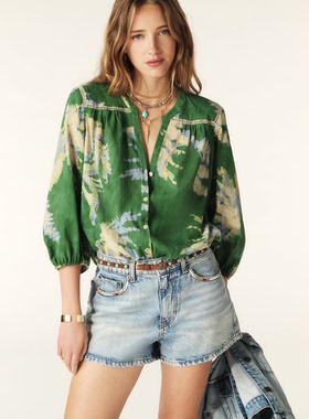 商场同款新品 ba&sh 春夏图案印花绿色宽松衬衫 女士上衣1H24POBB