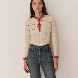 DOEN美国代购CORDELIE法式羊毛混纺针织衫蝴蝶结圆领长袖上衣(现