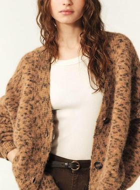 ba&sh代购2024法式豹纹复古羊驼毛开衫毛衣混纺针织衫1E25LEAL