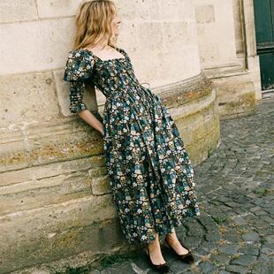 DOEN美国代购 BIJOU 法式复古碎花方领泡泡袖印花连衣裙(现货)