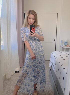 折扣印花V领不规则连衣裙夏季