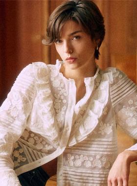 sezane美国代购 Nele 刺绣镂空荷叶边薄纱透视感前钮扣衬衫