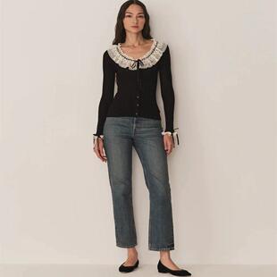 DOEN美国代购 EVETTE 蕾丝花边丝带蝴蝶结开襟贴身上衣针织衫