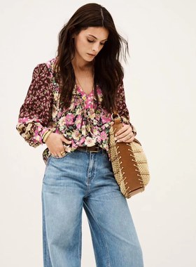 ba&sh美国代购复古印花长袖v领上衣衬衫1H25ILIN