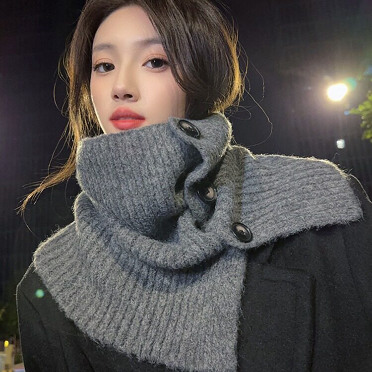 纽扣围脖女冬季新款百搭高级感高领围脖洋气大衣披肩保暖围巾时尚