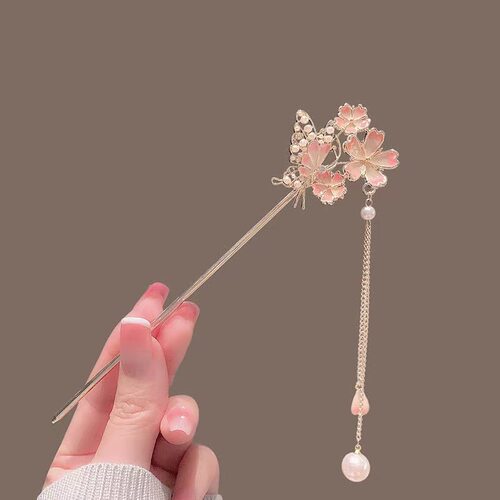 春夏樱花发簪古风花朵发饰古风汉服簪子发钗流苏旗袍盘发钗子