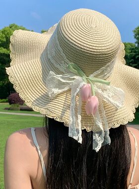 大头围蕾丝飘带草帽女沙滩防晒