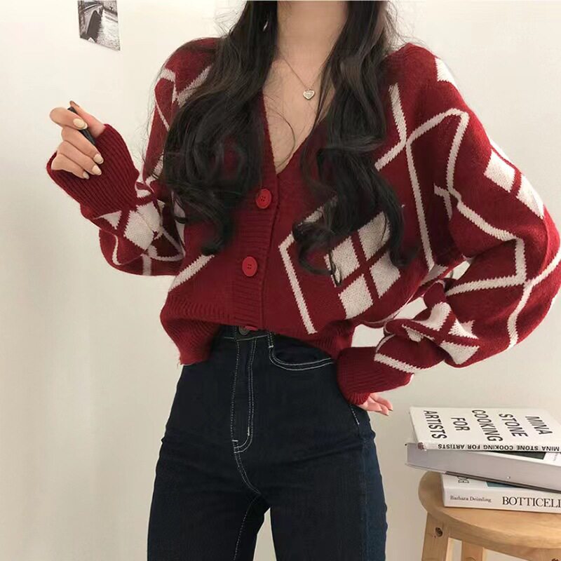 不计后果毛衣菱格拼色V领锁骨针织外套女修身排扣毛织上衣潮单件