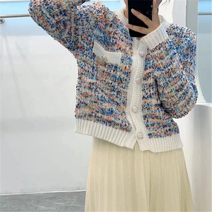 新款2023秋冬韩版粉色外套短款上衣外穿宽松女开衫毛衣2023年冬季