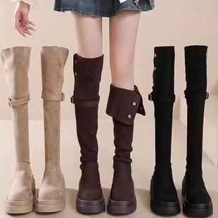 百搭过膝翻折长筒四穿粗跟靴子2025年新款 靴 厚底瘦瘦靴骑士靴时装
