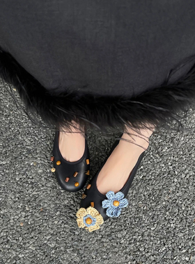 AB款单鞋女2025纽扣花朵珠子皮鞋增高5cm软底舒适玛丽珍鞋芭蕾鞋