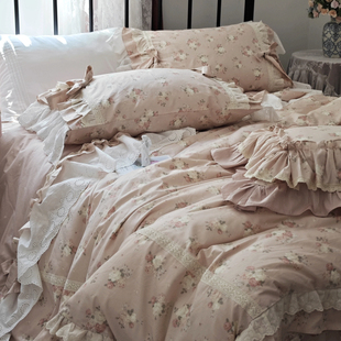 法式韩式田园公主风玫瑰蕾丝纯棉全棉床裙款床上用品被套四件套