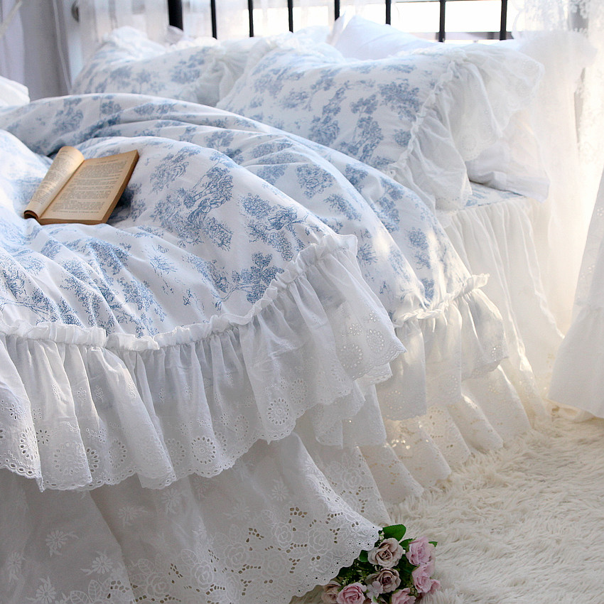 法式田园公主风青花人物画绣花全棉纯棉床裙款床上用品被套四件套