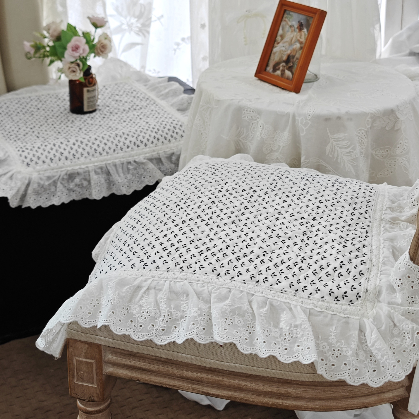 韩式法式公主风碎花蕾丝绗缝夹棉纯棉全棉椅垫坐垫（含绑带）特价