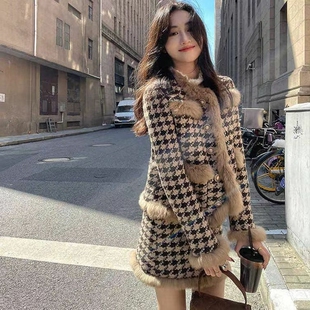 加绒加厚小香风套装裙女2024秋冬新款气质名媛千鸟格毛呢两件套潮