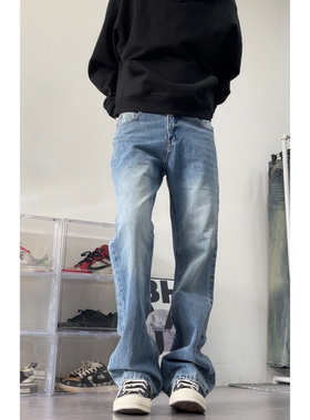 LEFT7 春季新款美式高街闪电纹水洗浅蓝色牛仔裤男嘻哈直筒微喇裤