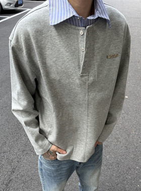 LEFT7春季假两件衬衫拼接亨利领卫衣外套男韩系宽松polo领长袖T恤