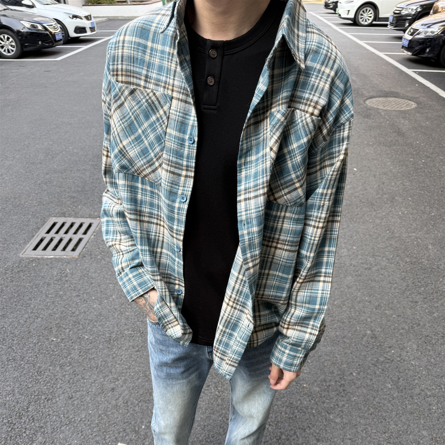 LEFT7美式街头复古格子长袖衬衫宽松休闲慵懒风百搭街头外套男女