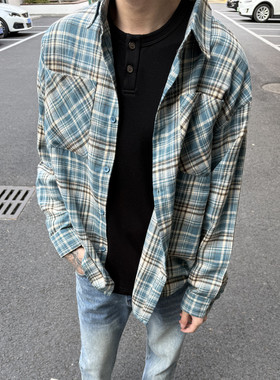 LEFT7美式街头复古格子长袖衬衫宽松休闲慵懒风百搭街头外套男女