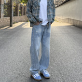 LEFT7 男cleanfit直筒磨破直筒休闲裤 2021M 闪电纹水洗蓝牛仔裤