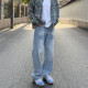 LEFT7 男cleanfit直筒磨破直筒休闲裤 2021M 闪电纹水洗蓝牛仔裤