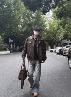 05PSYT美式复古痞帅PU机车皮衣男女学生美拉德中性棕色皮夹克外套