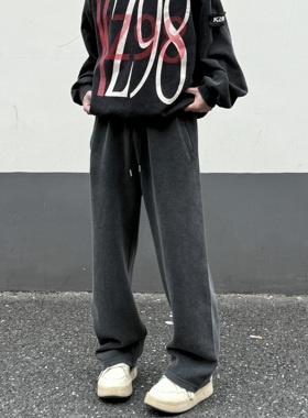 LEFT7 巴黎家重磅水洗灰破坏卫裤男女宽松直筒百搭休闲长裤老爹裤