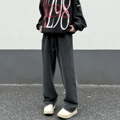 LEFT7 巴黎家重磅水洗灰破坏卫裤男女宽松直筒百搭休闲长裤老爹裤