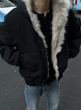 LEFT7 「座山雕在此」加厚毛绒外套男女cleanfit重磅帆布棉服夹克