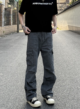 LEFT7 美式重磅水洗做旧褶皱宽松直筒多口袋工装裤男女潮牌休闲裤