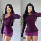 纯欲性感V领瑜伽长袖 跑步秋冬运动服T恤女 显瘦健身上衣双扭结修身