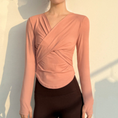 清仓处理交叉V领带胸垫上衣女显瘦速干瑜珈普拉提训练运动长袖