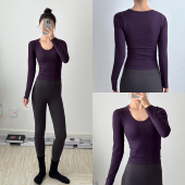 洋白菜带胸垫瑜伽服U领气质显瘦普拉提长袖 高弹螺纹运动上衣 修身