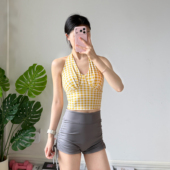 格纹挂脖吊带背心女固定杯性感时尚 运动内衣健身服上衣外穿文胸