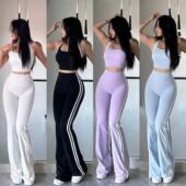 训练可调节带胸垫瑜伽背心运动健身女 高腰裸感提臀喇叭裤 套装