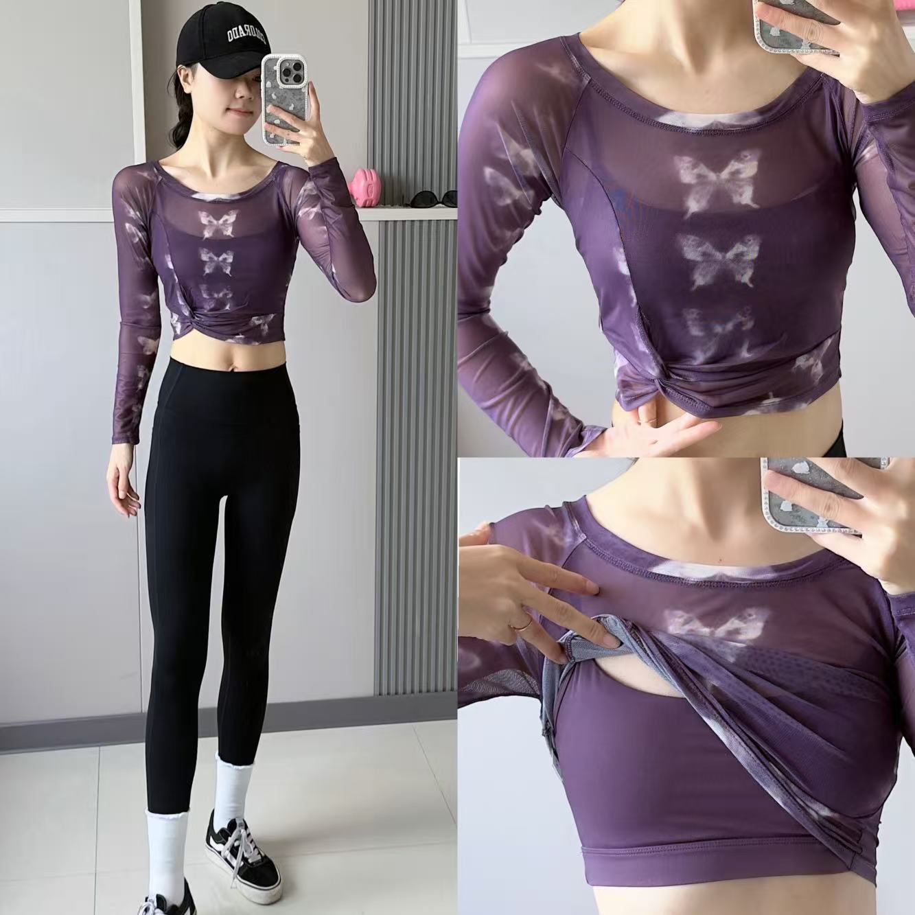 洋白菜假两件网纱瑜伽服长袖带胸垫气质显瘦透气跑步运动上衣薄