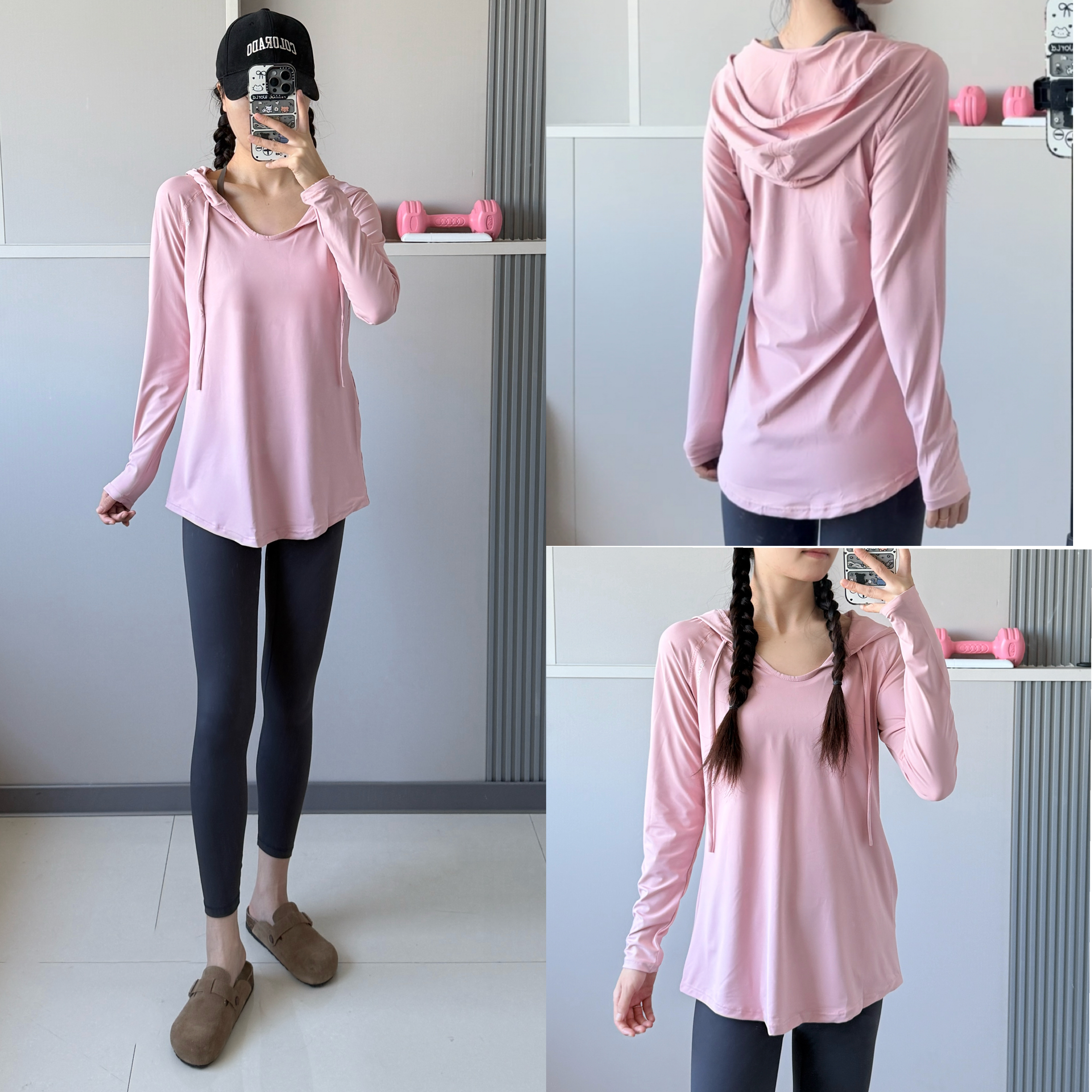 休闲宽松运动上衣女大码中长款遮臀显瘦瑜伽服卫衣连帽健身衣长袖