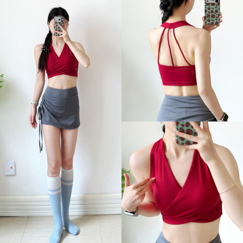 运动内衣女V领性感网红挂脖瑜伽文胸外穿健身服吊带上衣美背背心