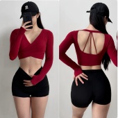 绝美普拉提套装 女秋冬瑜伽服长袖 带胸垫高级感红色健身服运动上衣